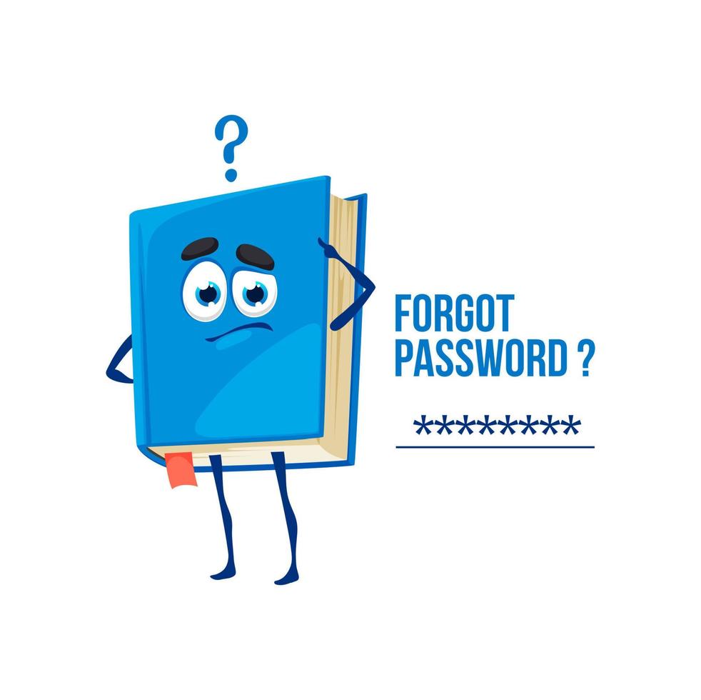 Forgot password cartoon book character, textbook vector