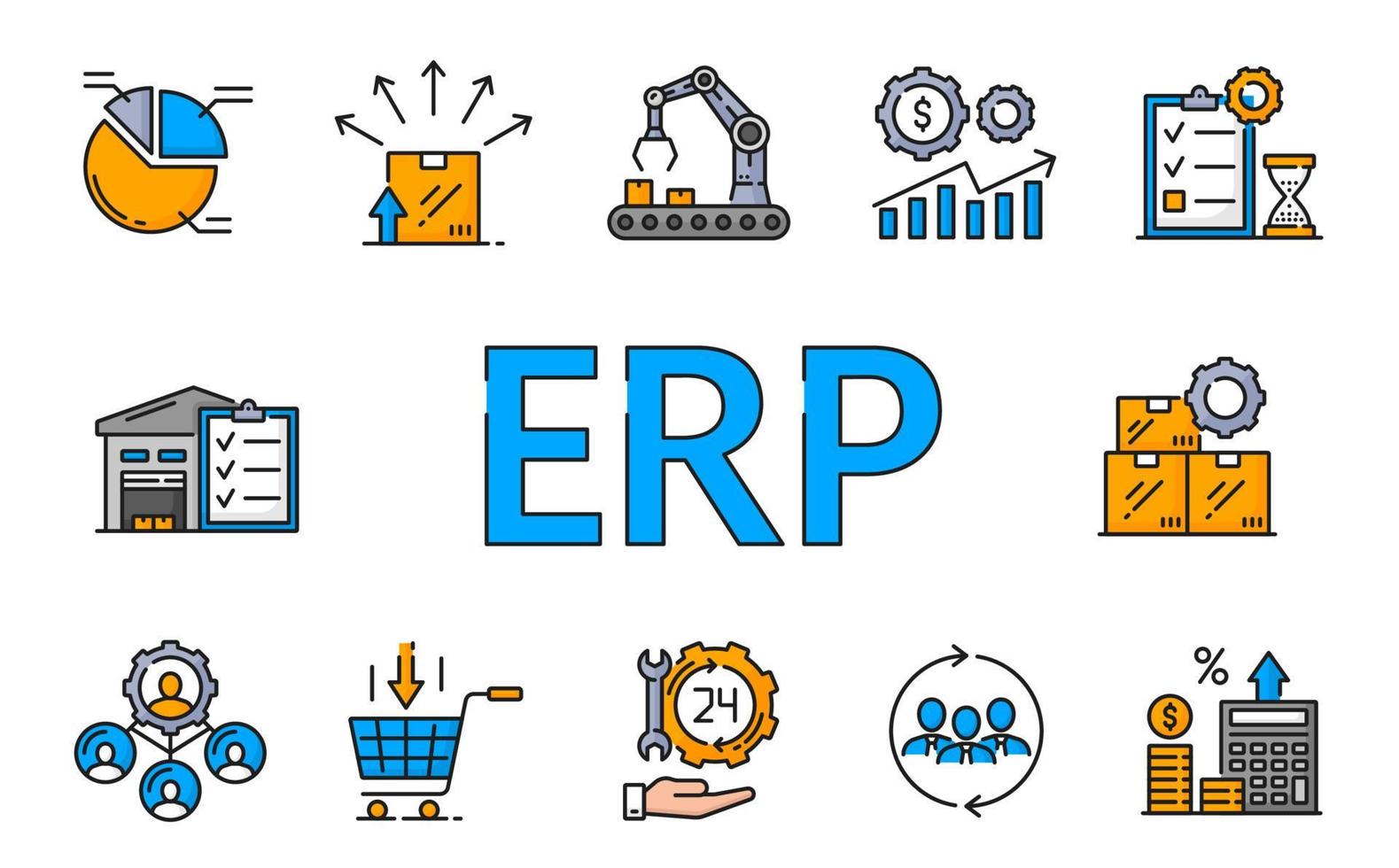 iconos de color erp, planificación de recursos empresariales vector