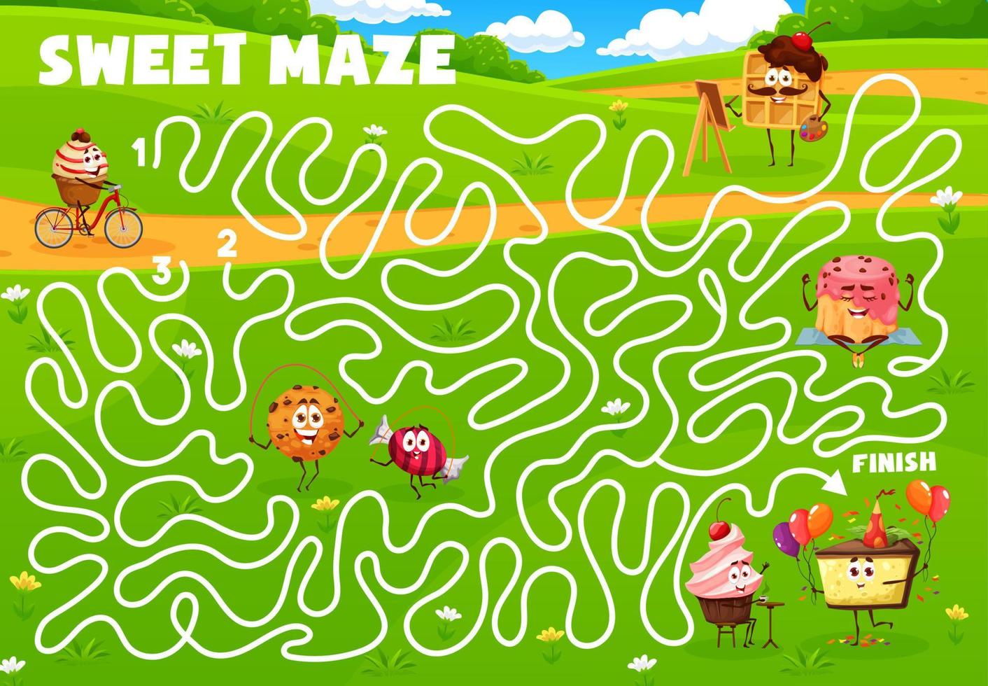 Labyrinth maze game, cartoon dessert characters vector