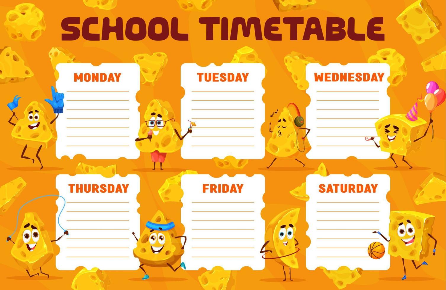 horario calendario dibujos animados maasdam o queso gouda vector