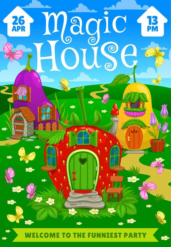Kids party flyer, fairytale magic house dwellings vector