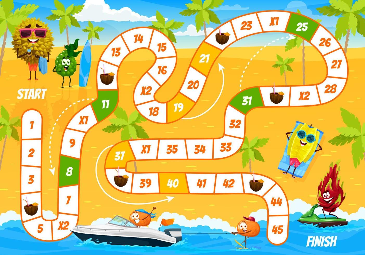 Kids board step game, cartoon fruits characters vector