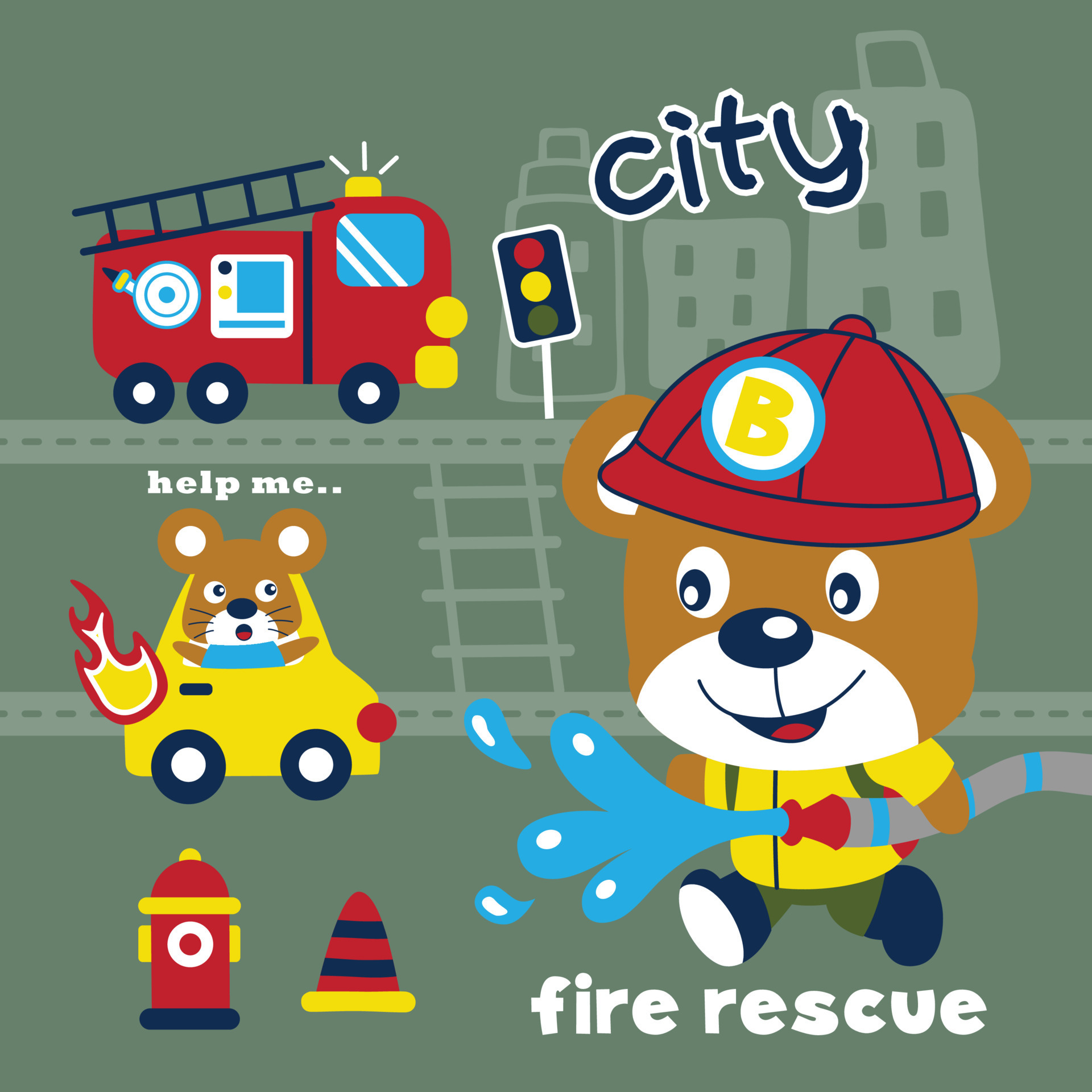 fire rescue funny animal cartoon 17127684 Vector Art at Vecteezy