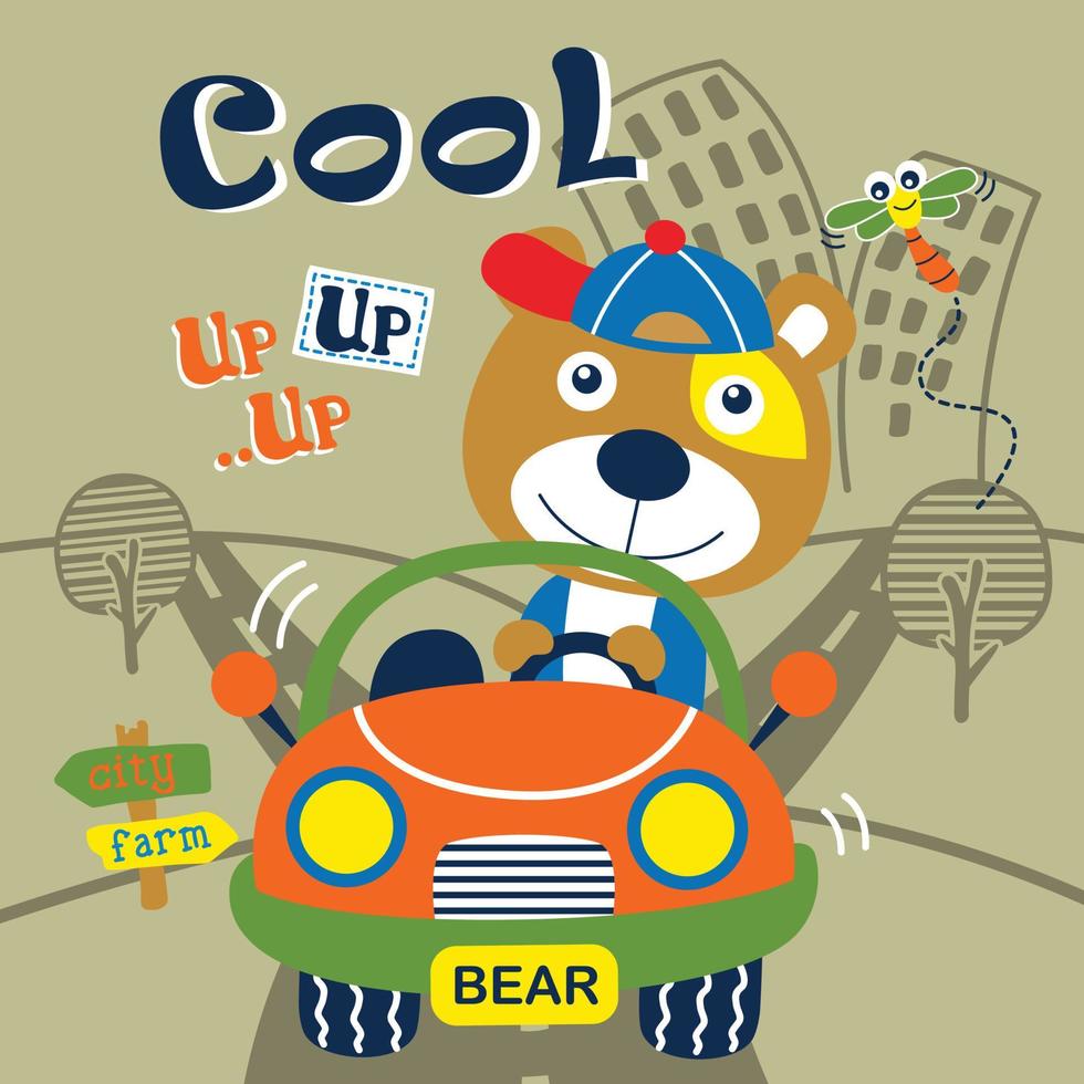 oso conduciendo un coche divertido animal dibujos animados vector