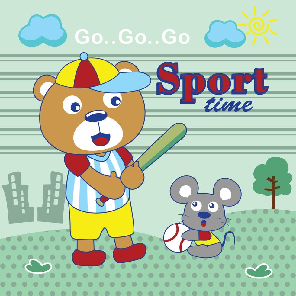 oso jugando béisbol con ratón en el jardín dibujos animados de animales divertidos vector