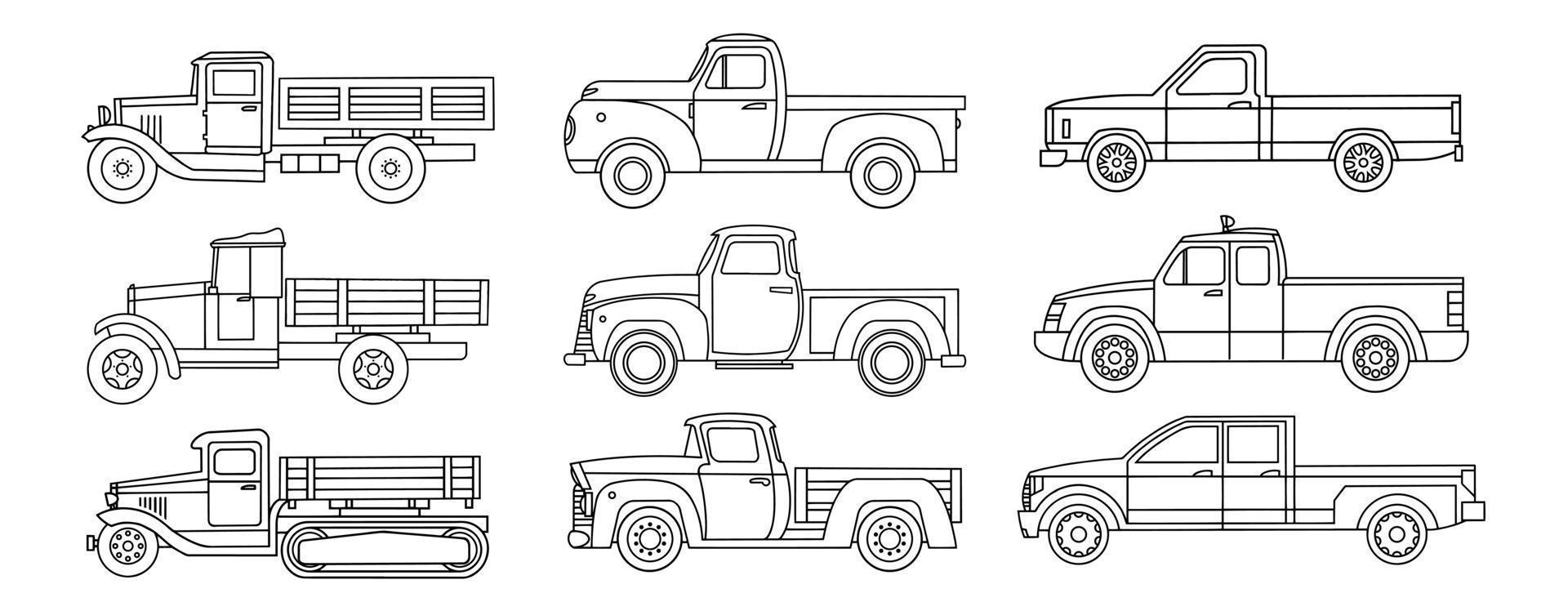 Set of vintage trucks. Linear drawing for coloring. Vector illustration