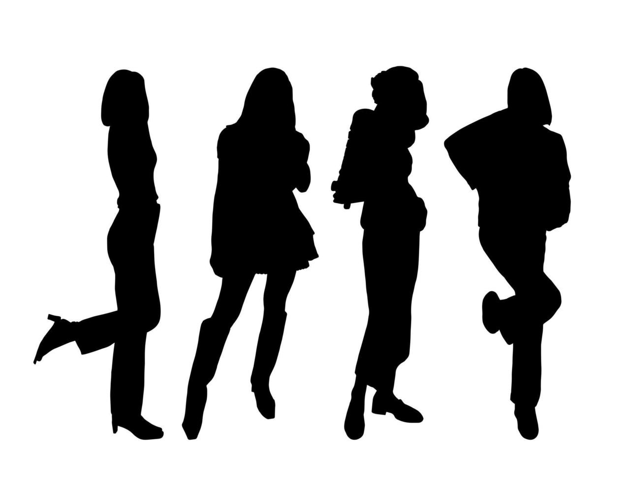 Silhouettes of four young flirty girls models posing in street style clothes. For printing and laser cutting. Vector clipart.