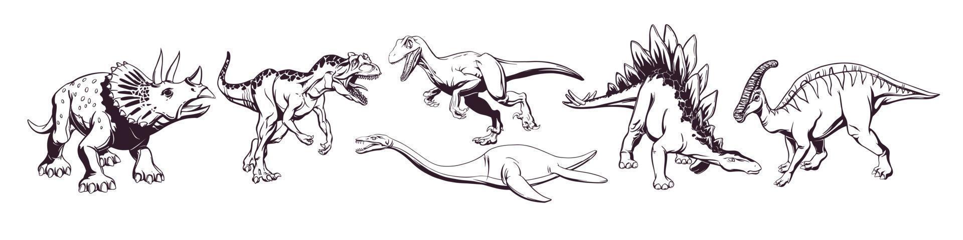 Hand drawing of a group of cute cartoon dinosaurs for printing on t-shirts, mugs, bags and designs. Vector illustration.