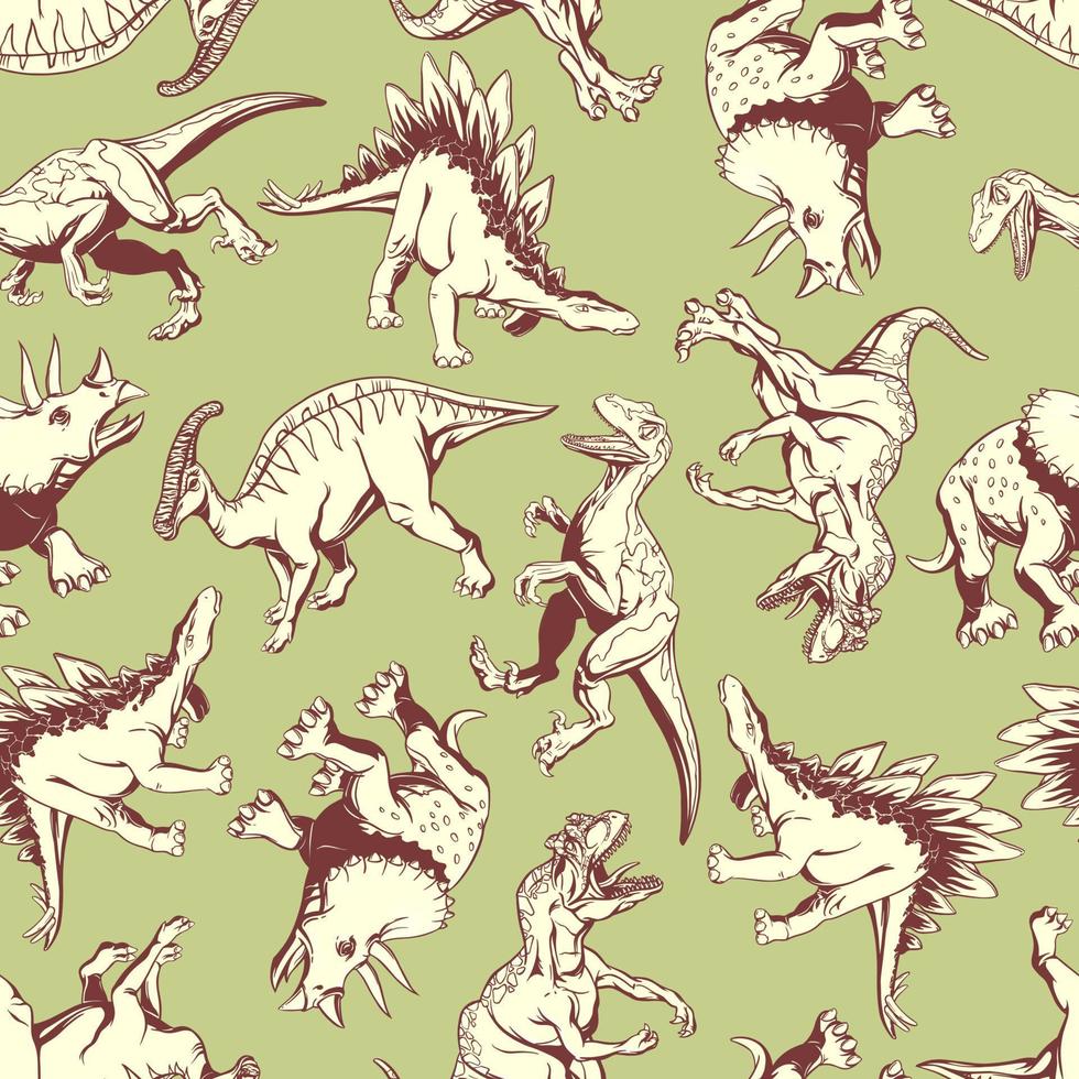 Dinosaur pattern on green background in hand drow style for print and design. Vector clipart.