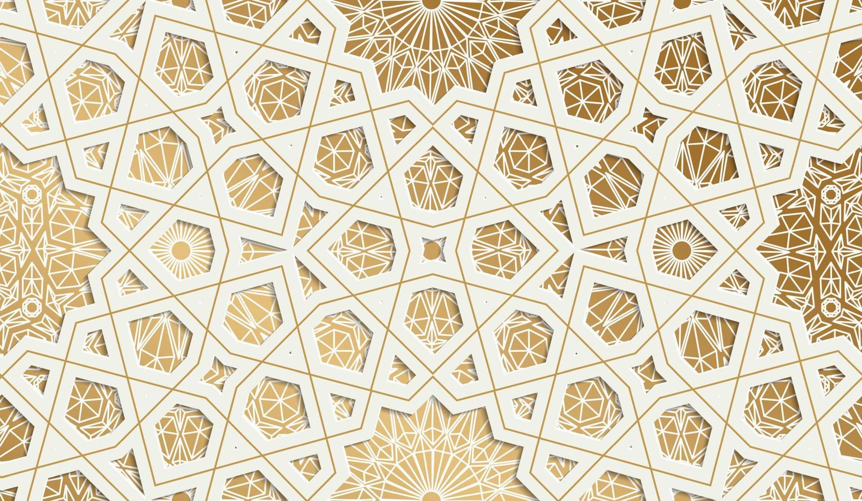 Decorative background for the celebration of Ramadan. Template for postcards. Oriental motive. Seamless pattern. Gold and white. Vector illustration.