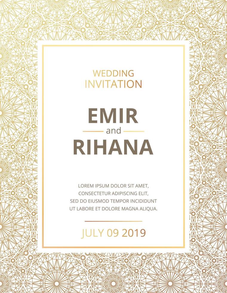 Invitation to a Muslim wedding. Gold pattern. Vector illustration. Template vector.