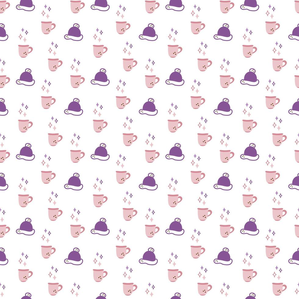 Winter hat and cup pattern. Seamless pattern with cute winter hat and cup. Cartoon color vector illustration.