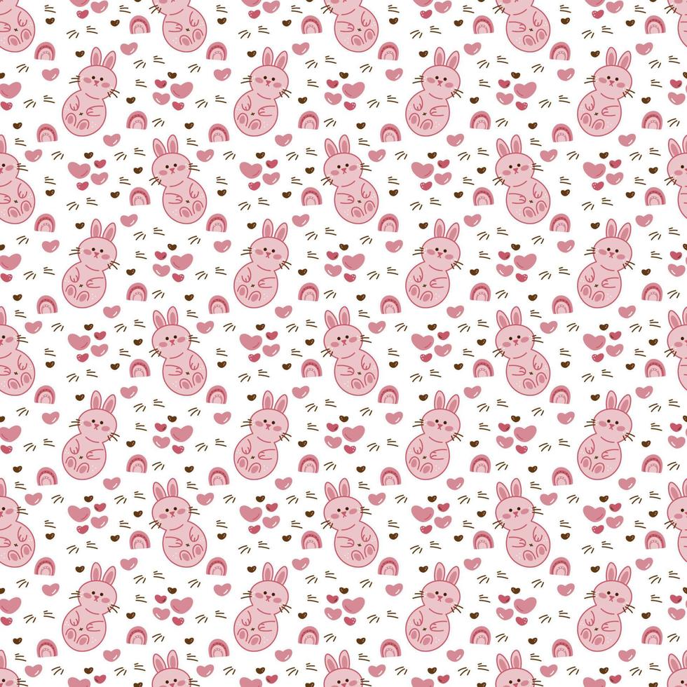 Rabbit pattern1. Seamless pattern with cute rabbits, hearts and rainbows. Doodle cartoon color vector illustration.