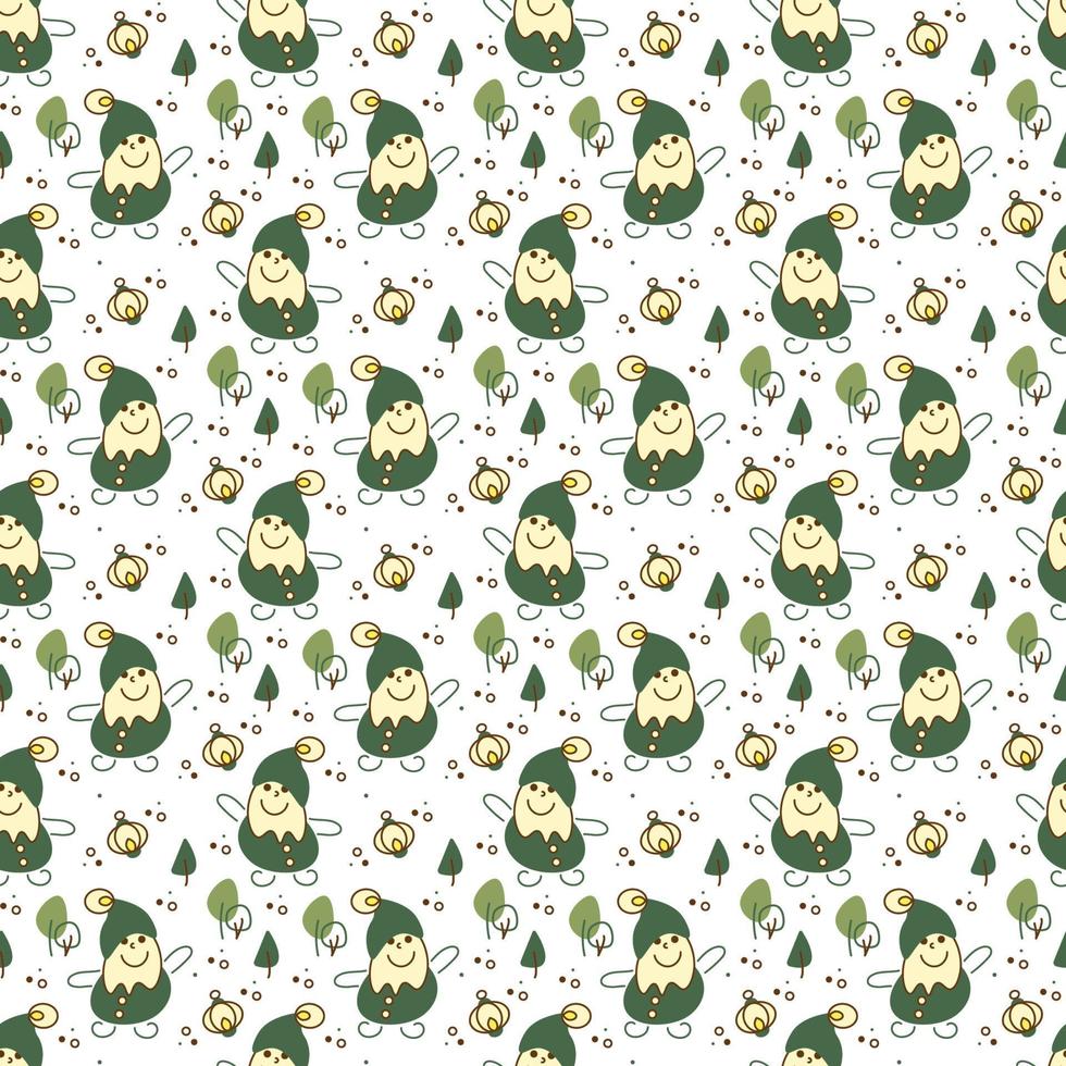 Gnome pattern1. Seamless pattern with cute gnome character, trees and flashlight. Cartoon color vector illustration.