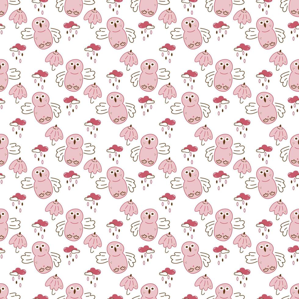 Owl pattern1. Seamless pattern with cute owl character, cloud and umbrella. Cartoon color vector illustration.