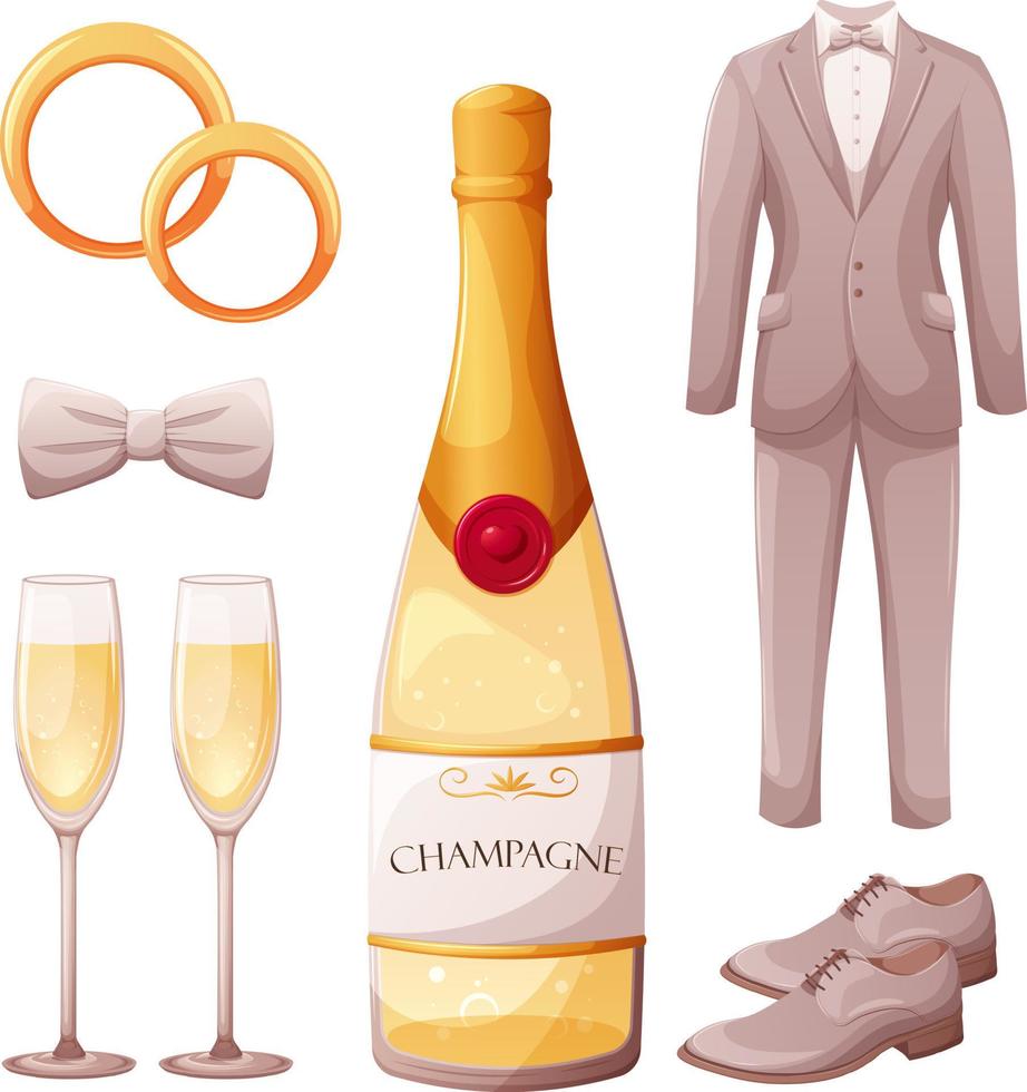 Wedding set, groom's items. Wedding suit, bow tie, shoes, wedding rings, champagne bottle and glasses vector