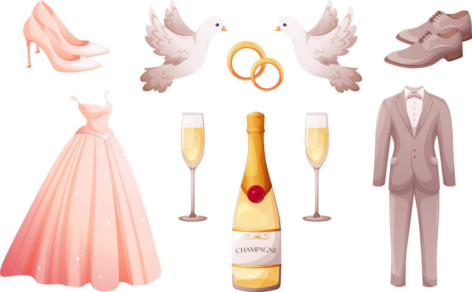 Wedding set in cartoon style. Bride's dress and shoes, groom's suit, shoes, wedding rings, white doves, champagne and glasses vector