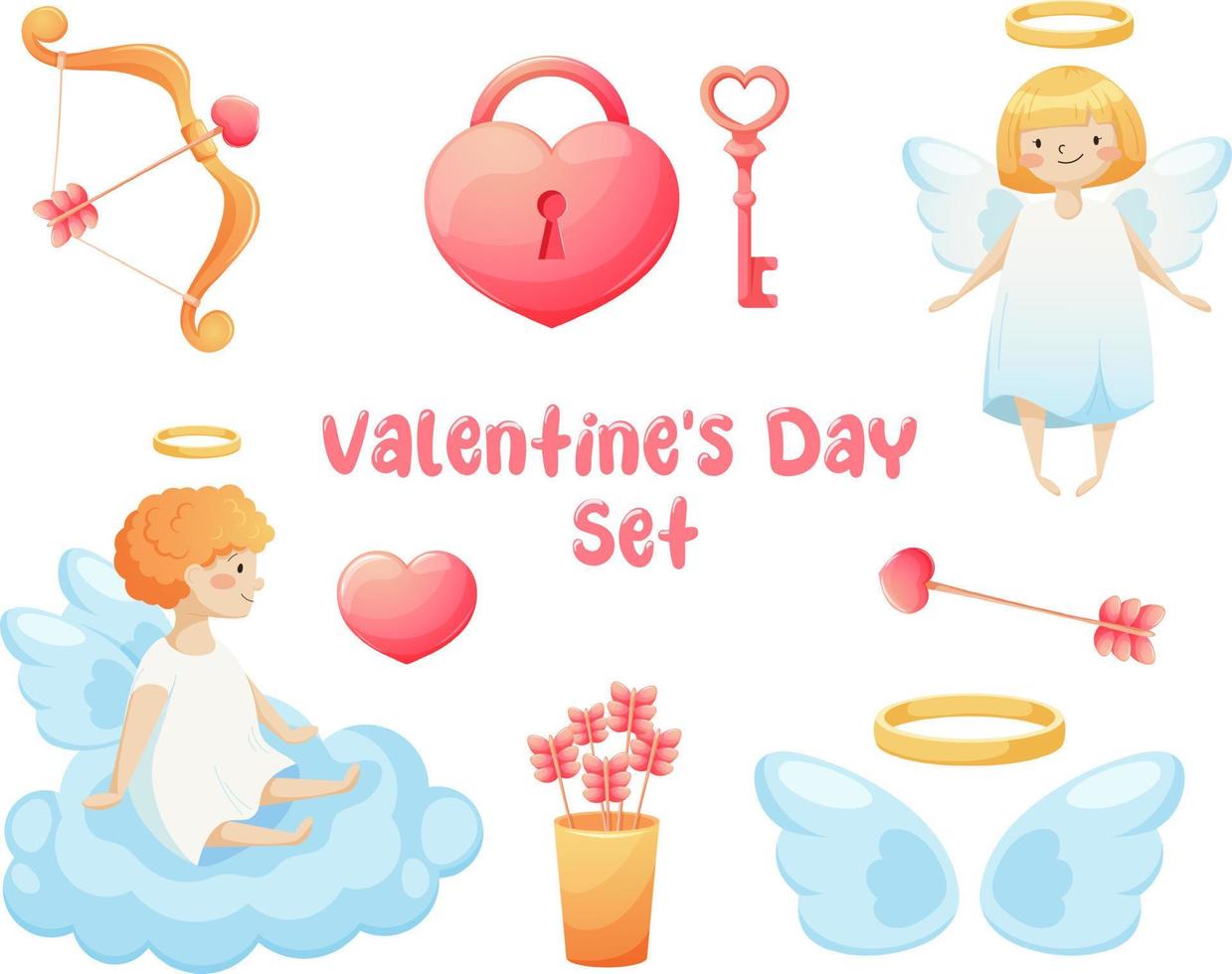 conjunto de día de san valentín con ángeles de dibujos animados, arco y flecha de cupido, candado y llave vector