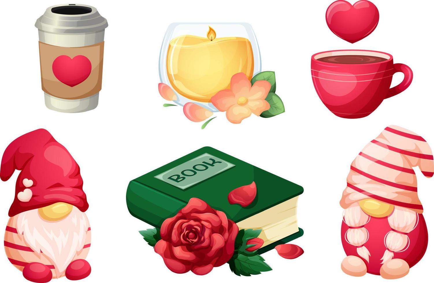 conjunto acogedor para el día de san valentín. gnomos escandinavos, taza de café, té, libro con rosa, vela aromática vector