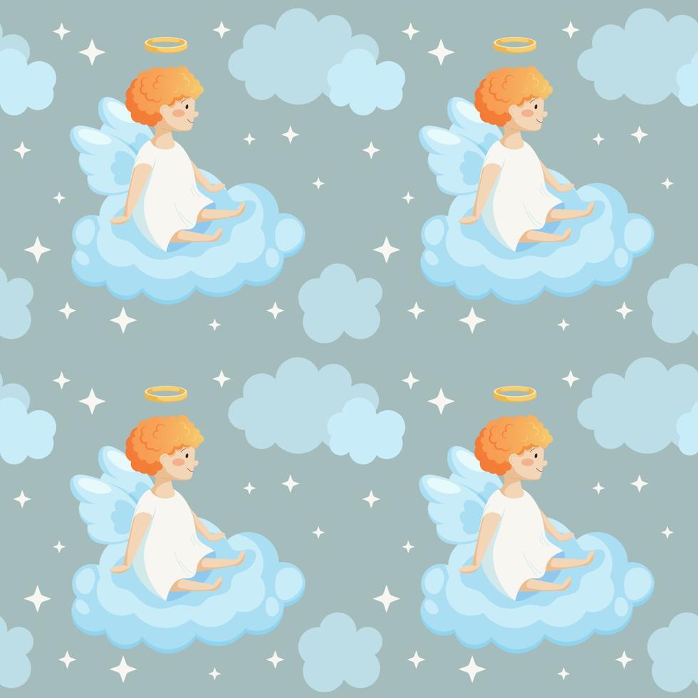 Pattern with cartoon babies angels, clouds and stars on grey-blue background for children vector