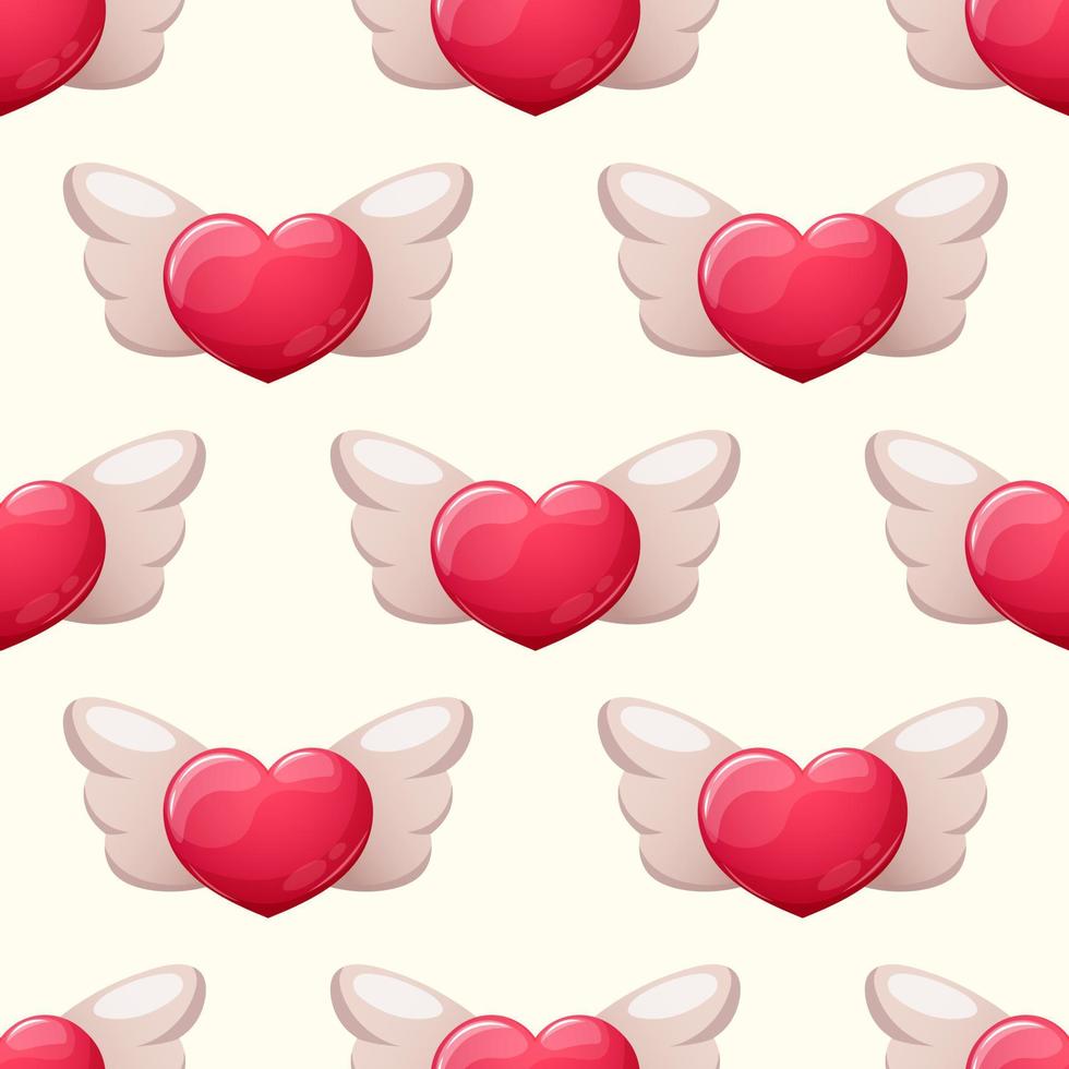 Pattern with cartoon red hearts with wings on white background vector