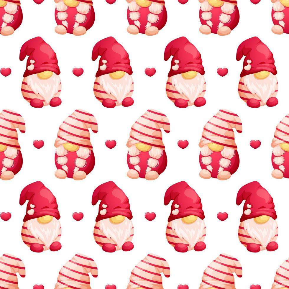 Pattern with cartoon Scandinavian gnomes and hearts on Valentine's Day on white background vector