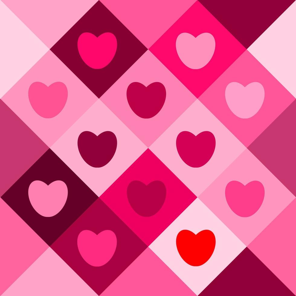 Diagonal checkered square pattern with pink and red tone color of the hearts. Abstract geometric seamless pattern background. Pink hearts, valentine's day concepts vector