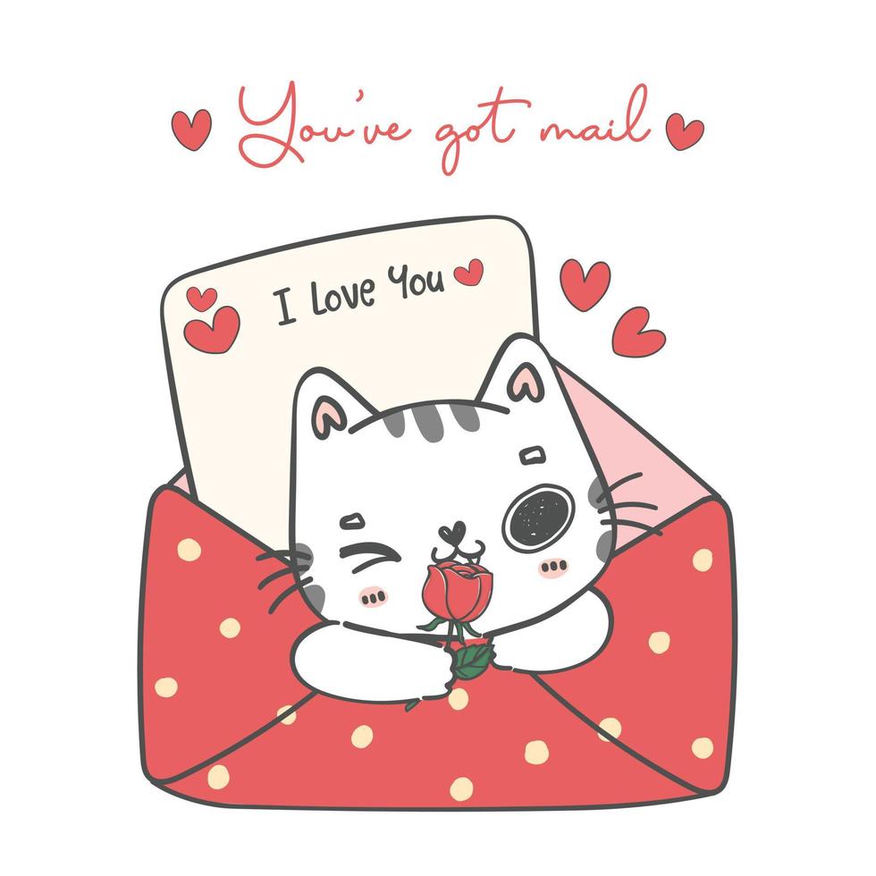 cute Valentine white kitten tabby cat in love red envelope cartoon animal doodle hand drawing illustration vector