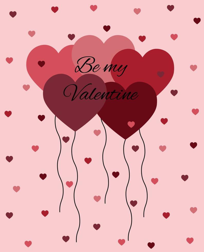 Heart shaped balloons with Be my Valentine title isolated on pink background with small hearts. Romantic greeting card for Valentine's day. Vector illustration.