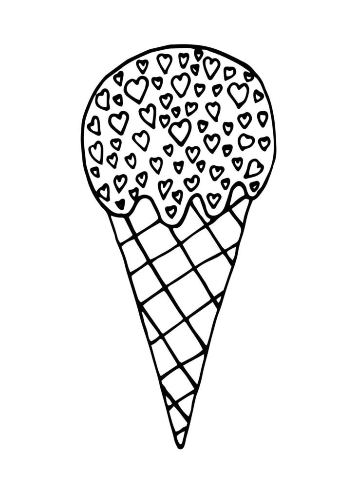 Waffle cone ice cream. Ice cream with heart. Doodle vector dessert sketch.