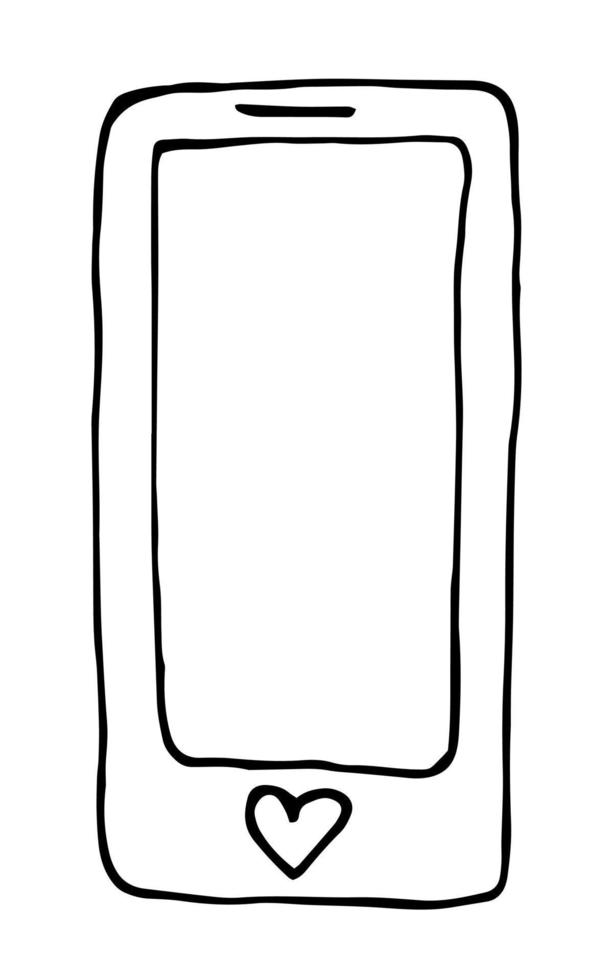 Cute mobile phone with heart bottom. Doodle phone illustration. vector