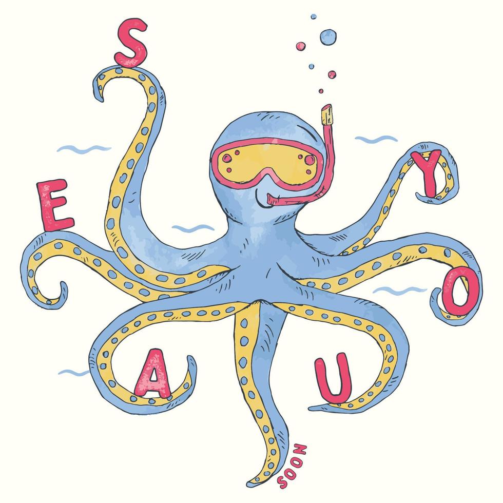 Octopus watercolor hand drawn vector illustration. Sea you soon with stylized lettering.