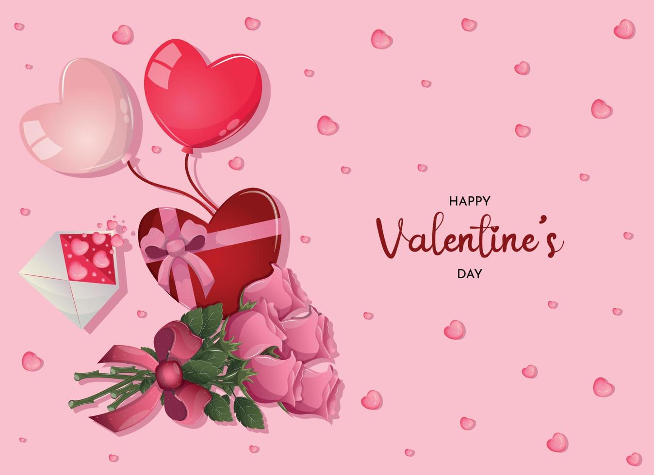 feliz día de san valentín, con corazones, correo de amor, caja de regalo y ramo de rosas. cita romántica postal, tarjeta, invitación, plantilla de banner. ilustración vectorial vector