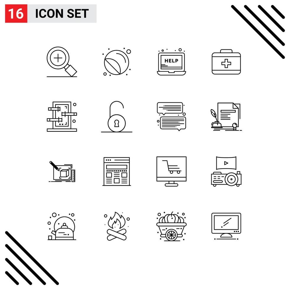 Set of 16 Vector Outlines on Grid for piercings box help care bag Editable Vector Design Elements