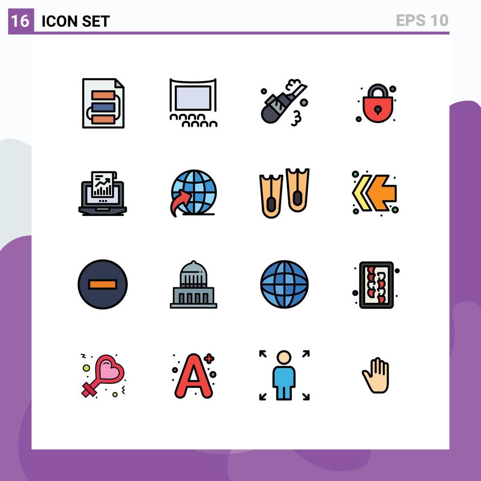 Set of 16 Modern UI Icons Symbols Signs for report shopping film security pipe Editable Creative Vector Design Elements