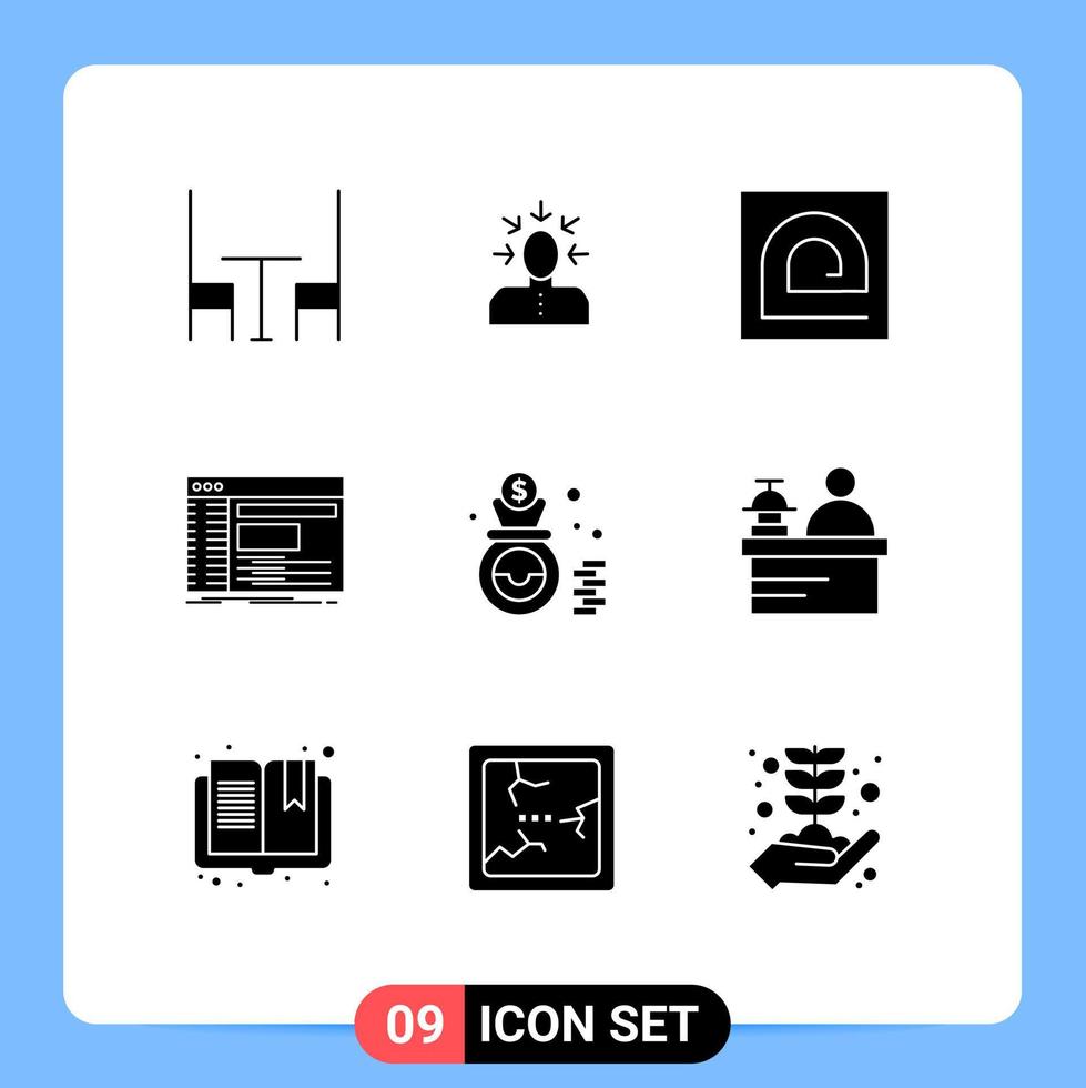 Group of 9 Modern Solid Glyphs Set for software panel block console reader Editable Vector Design Elements