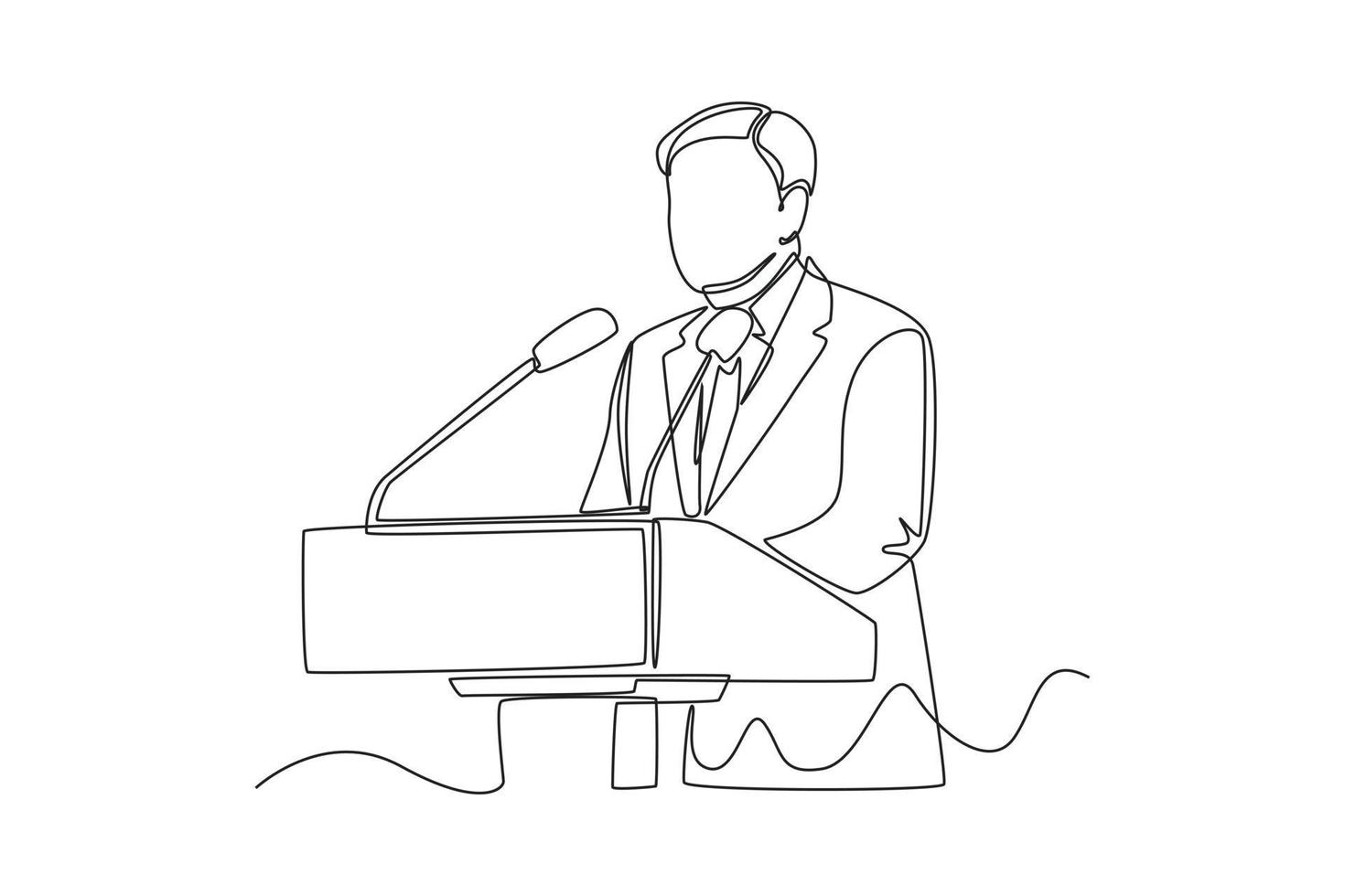 Continuous one line drawing The president stands behind the rostrum and gives a speech at Global Forum. Single line draw design vector graphic illustration.