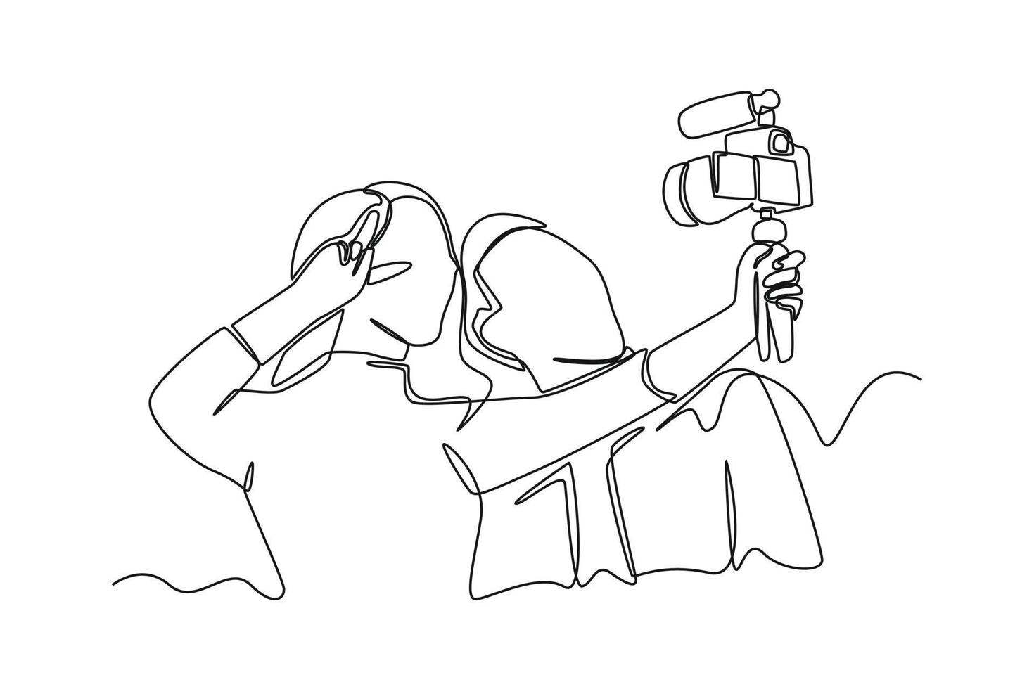 Single one line drawing Cute couple traveling together while vlogging to a video camera on handheld tripod. Vlogging concept. Continuous line draw design graphic vector illustration.