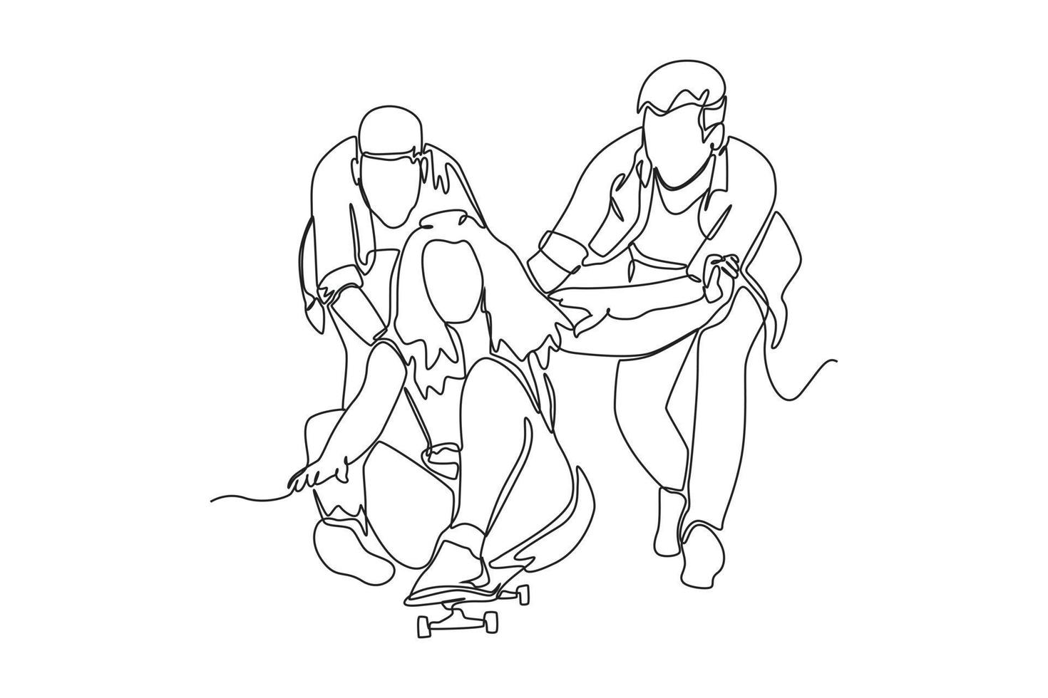 una sola línea dibujando a una mujer joven riéndose y sentada en una patineta siendo empujada por sus amigos desde atrás. Hangouts con el concepto de amigos. ilustración de vector gráfico de diseño de dibujo de línea continua