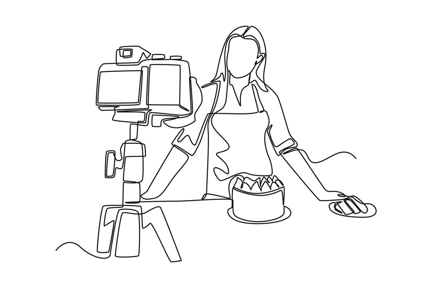 Single one line drawing happy woman baking and recording video vlog in the kitchen. Vlogging concept. Continuous line draw design graphic vector illustration.