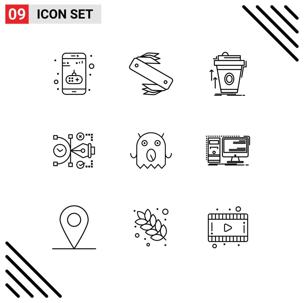 Mobile Interface Outline Set of 9 Pictograms of digital vector pocket file cup Editable Vector Design Elements