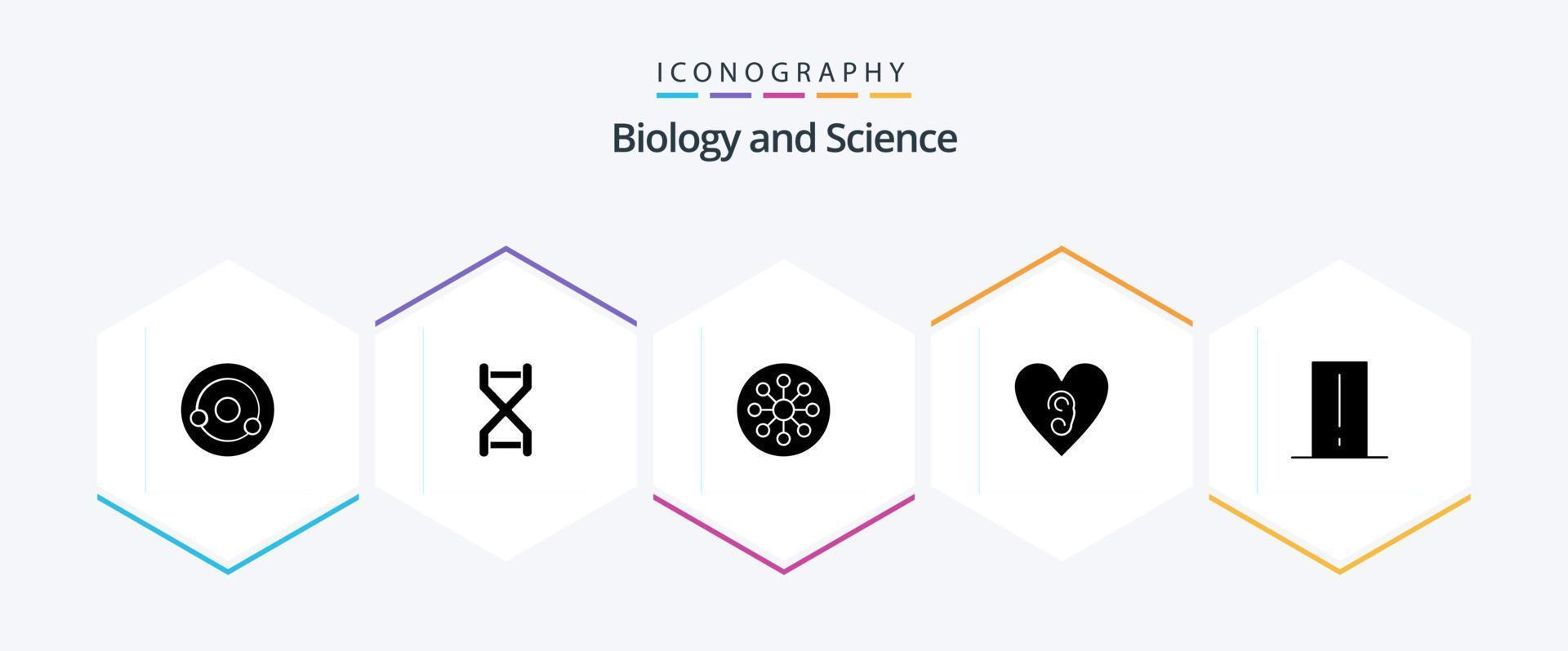 paquete de iconos de 25 glifos de biología que incluye medidor de biología. corazón. genética. oído. química vector