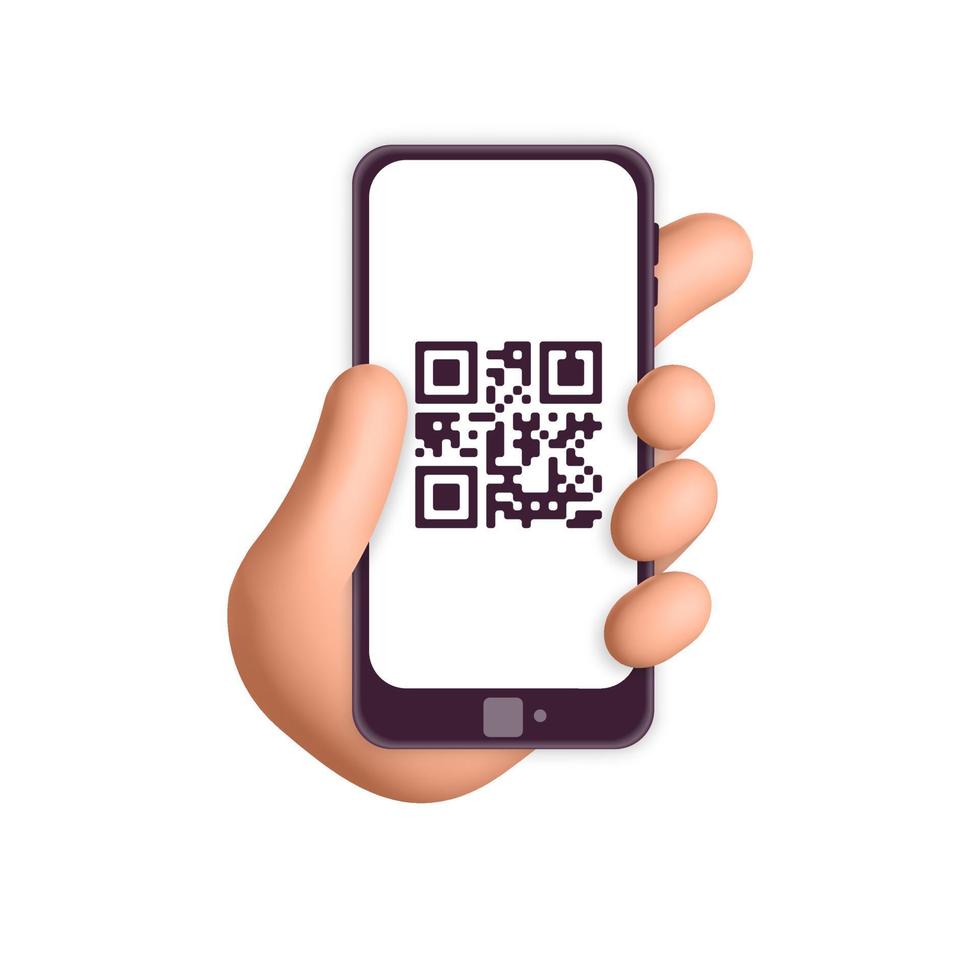 3d vector realistic render mockup template hand holds smartphone with scanning qr code on mobile app service design