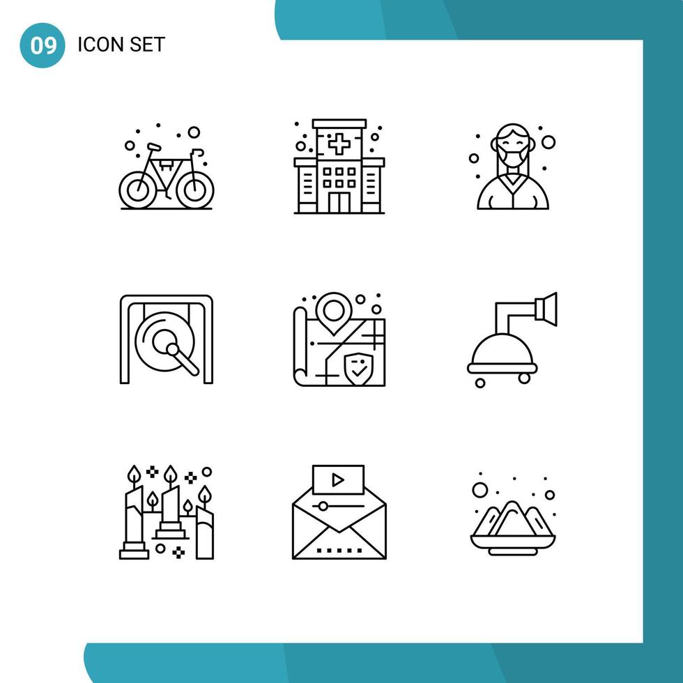 Mobile Interface Outline Set of 9 Pictograms of location china doctor music nurse Editable Vector Design Elements