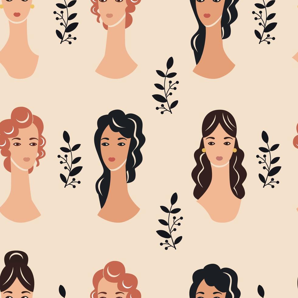 Vector woman art seamless pattern, and hand drawn contemporary portraits