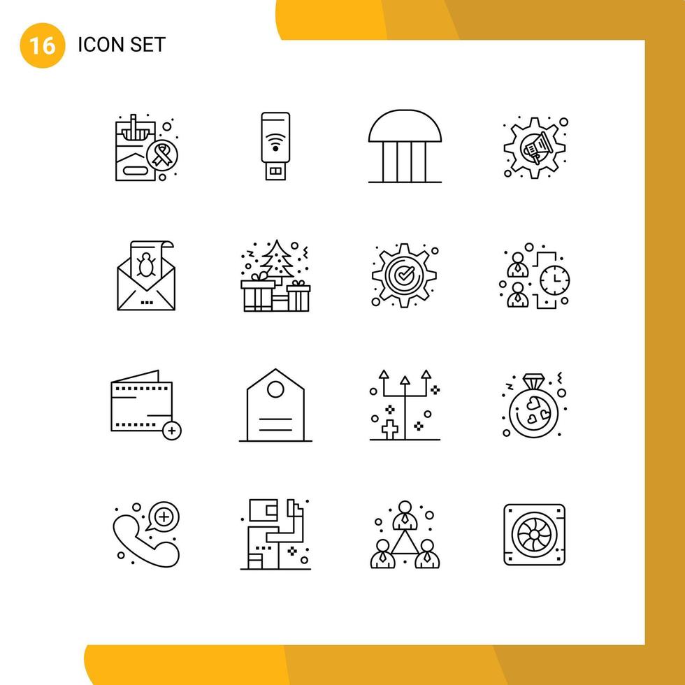 Pack of 16 Modern Outlines Signs and Symbols for Web Print Media such as bug speaker building megaphone courthouse Editable Vector Design Elements