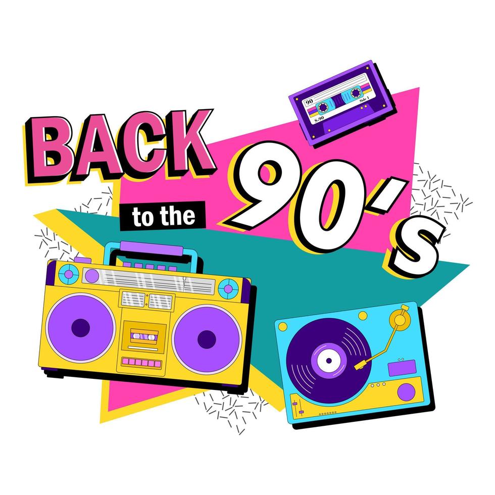 Back in to 90's. Forever young. The 90's style label. Let's go retro party 90's. Vector illustration