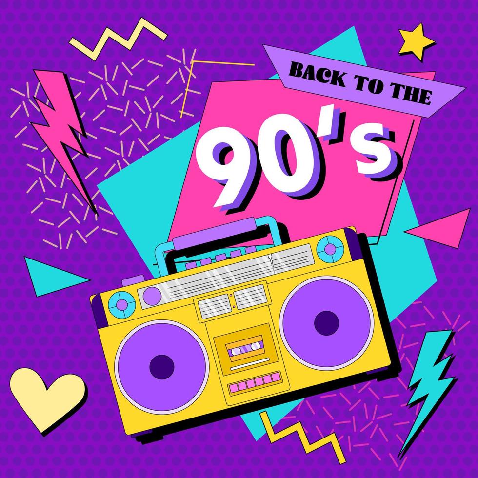 Back in to 90's. Forever young. The 90's style label. Let's go retro party 90's. Vector illustration