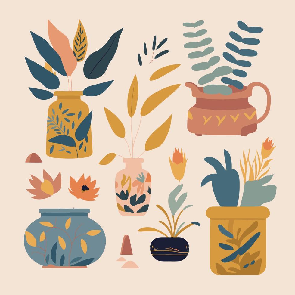 Abstract bohemian art aesthetic set of pottery and ceramic pots, vases with leafs, plants, flowers vector