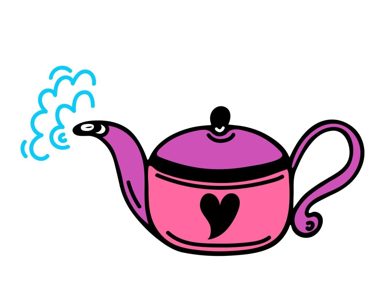 Pink ceramic teapot with hot drink. Simple vector icon. Hand drawn doodle isolated on white. Cute kitchen kettle with a heart, steam comes out of the spout. Flat cartoon clipart for menu design, cards